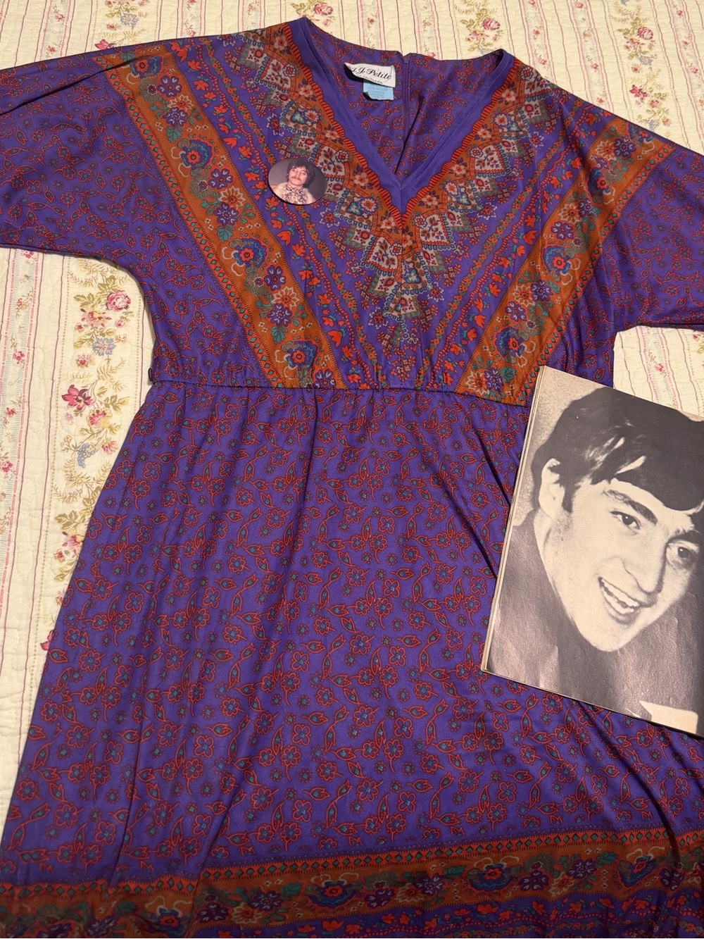 True Vintage 70s J.J. Petite Purple Indian Psychedelic Boho Midi Dress M M/L VTG